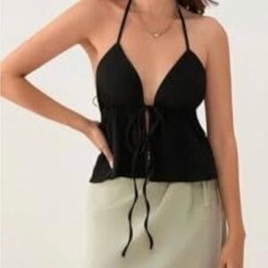 Womenβs Y2K Sexy Tie Front Summer Crop Top W/Riffles - Black - XS